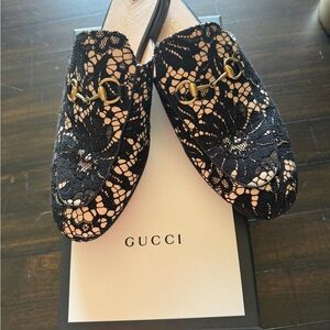 Gucci Women's Black Lace Mules with Gold Accents